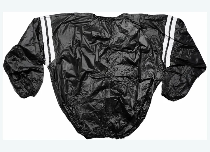 Complete black PVC rain jacket showing full hood, sleeves, reflective details and glossy waterproof construction