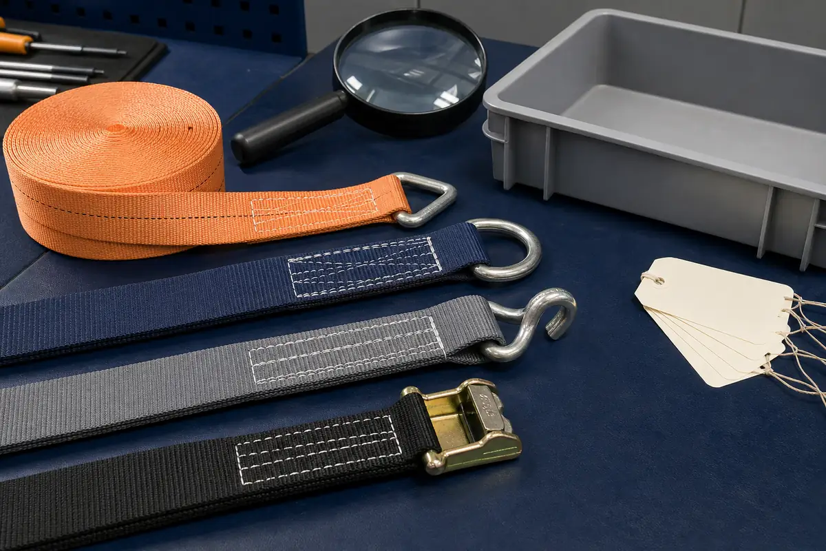 Unloaded webbing, stitched connection and hardware with magnifier, blank quarantine tray and tags