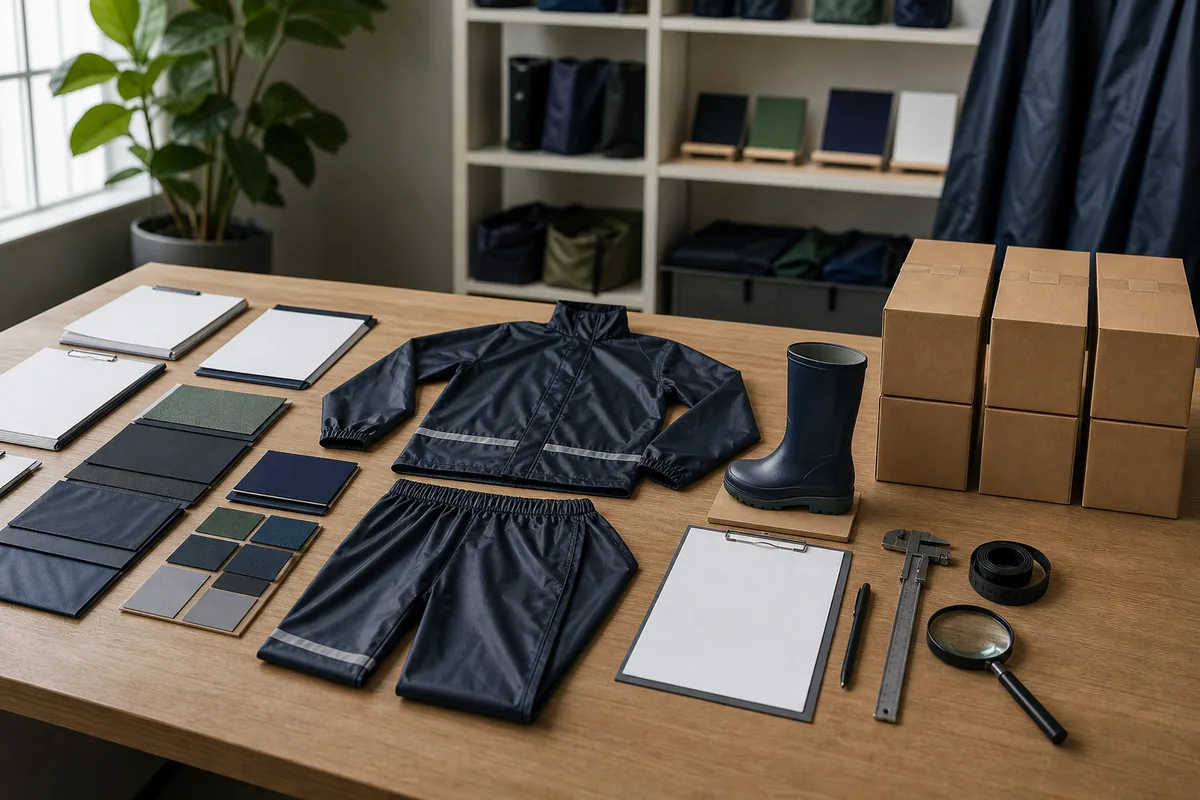 Blank brief, material references, approval samples, inspection tools and cartons arranged as bulk release stages