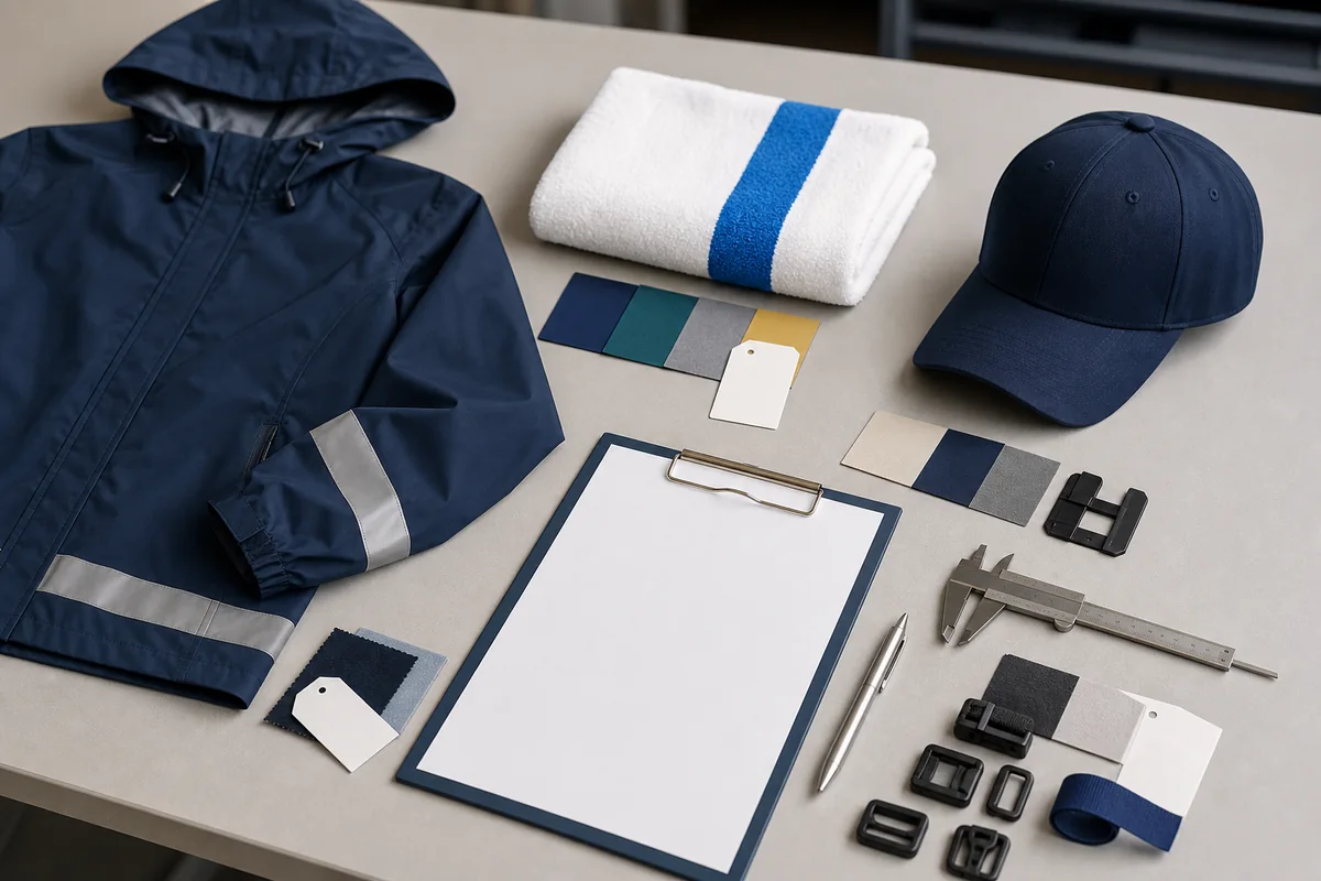 Unbranded rainwear, towel, cap and webbing samples separated for category-specific specification review