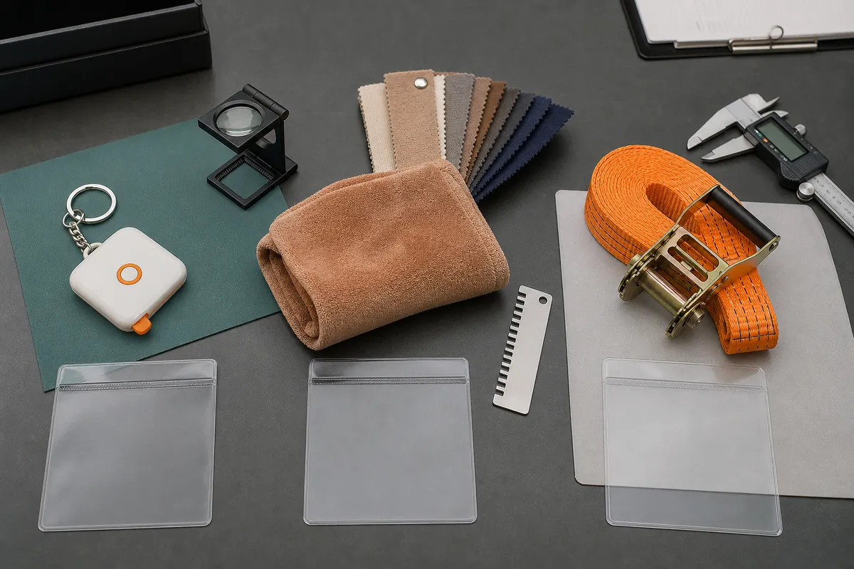 Promotional item, towel sample and cargo strap prepared at separate product-specific inspection stations