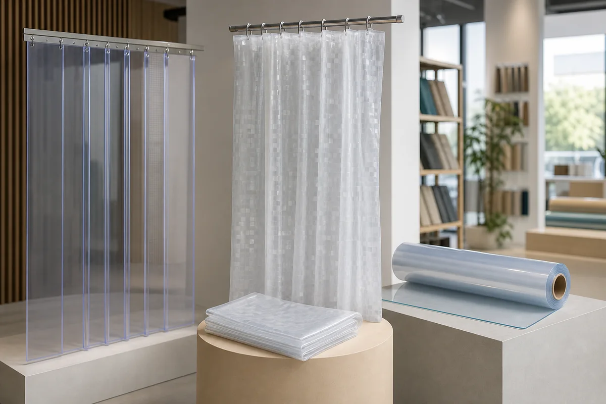 PVC strip sample, translucent shower curtain panel and flexible table-cover roll separated by buying route