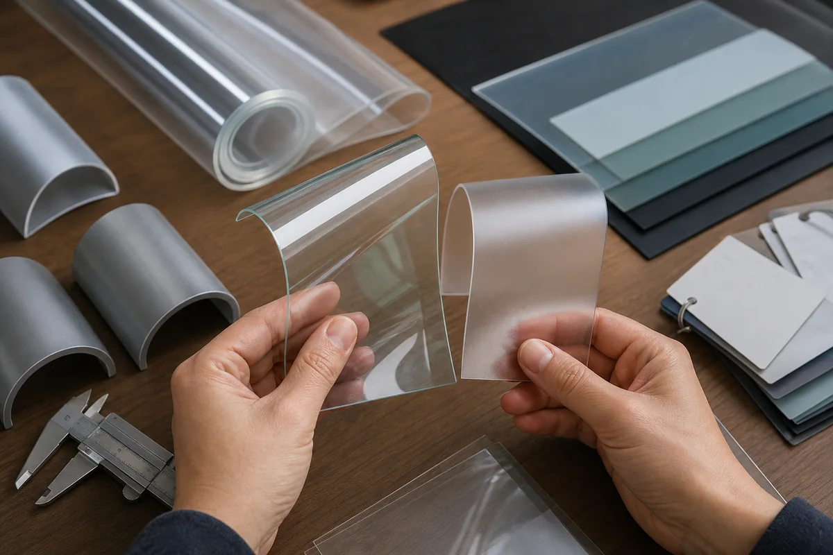 Procurement reviewer comparing clear and tinted flexible-plastic samples with blank cards and neutral tools