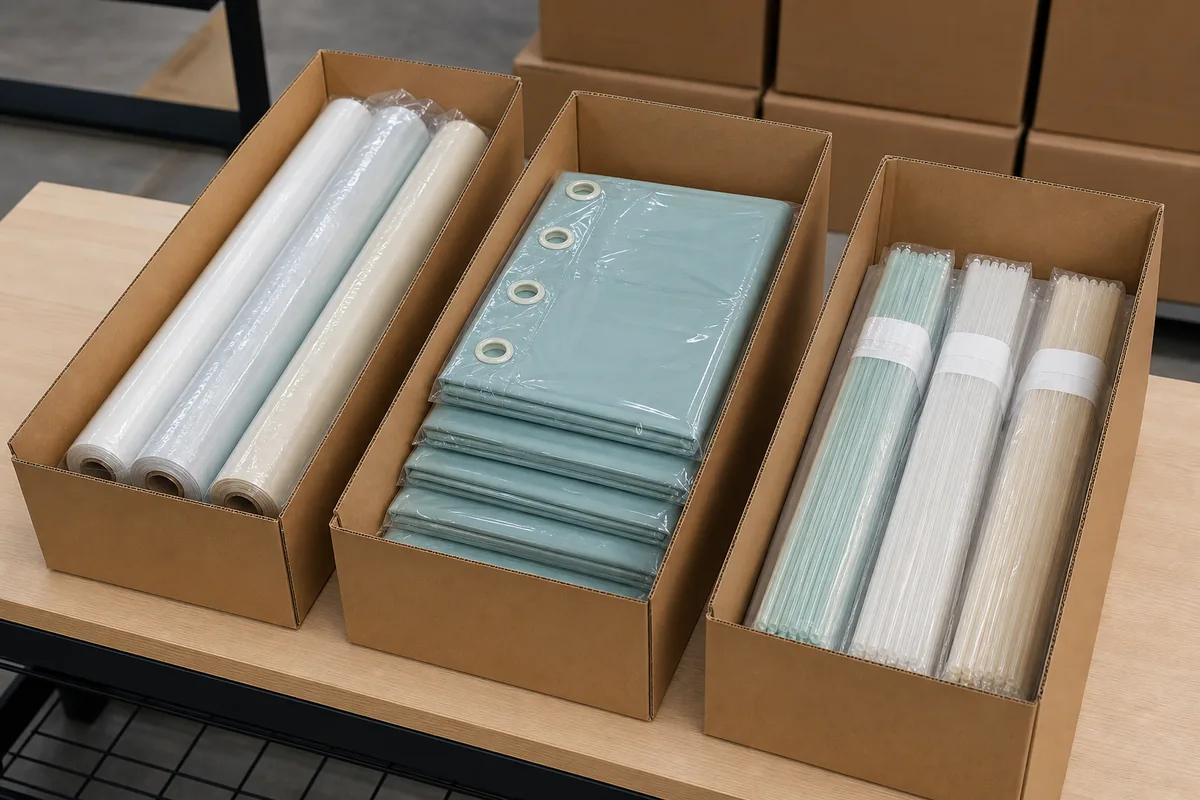 Flexible roll, curtain panel and strip samples packed in separate unmarked cells for mixed-order control