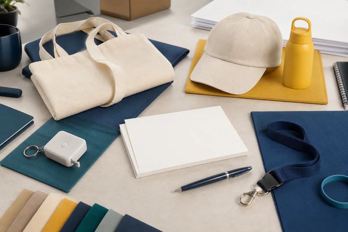 Unbranded promotional tool, tote, cap and event accessory grouped around blank recipient cards