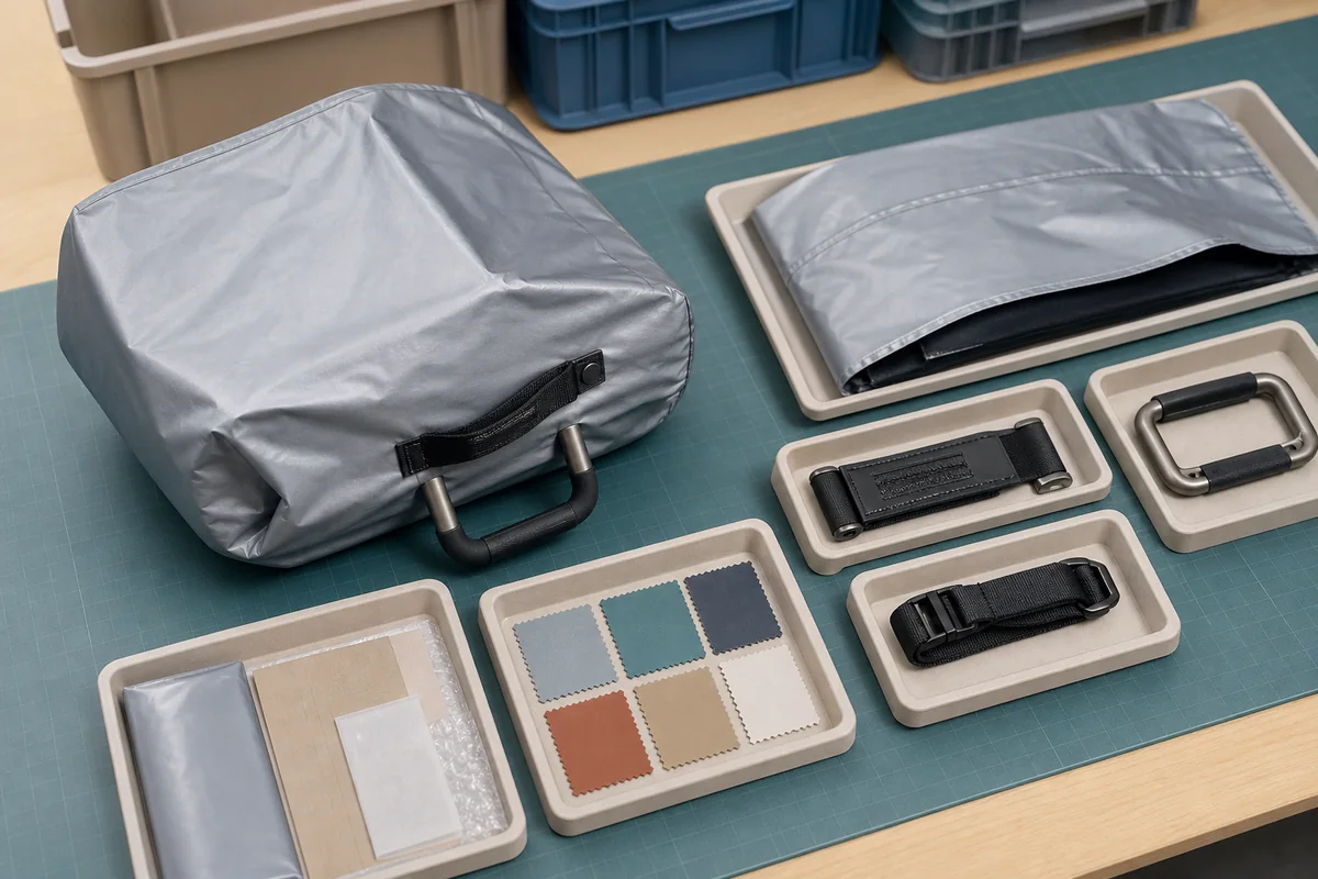 Unbranded protective travel cover with handle, closure, strap, color chips and packing components in separate trays