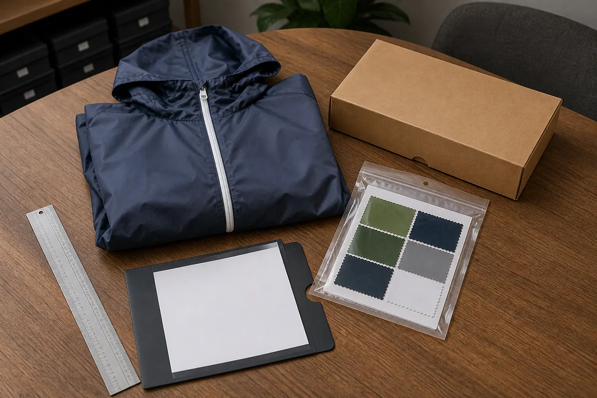 Unbranded rainwear approval sample with sealed swatch reference, measuring tool and plain carton mock-up