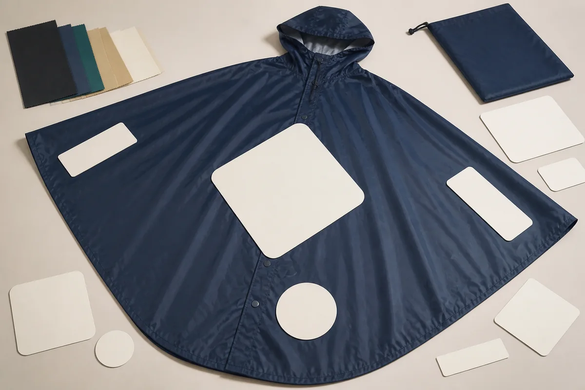 Unbranded hooded rain cape with blank placement templates and packaging reference for branding planning