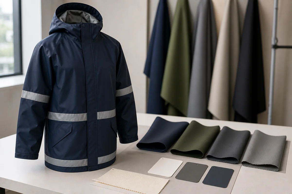Unbranded hooded rain jacket and unlabeled flexible swatches prepared for material-route comparison