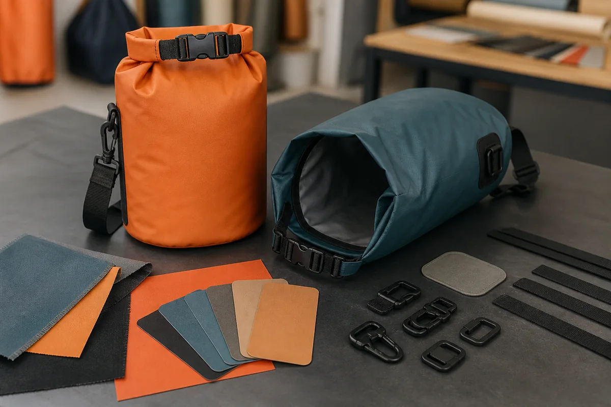 Two unbranded roll-top dry bags positioned to review closure folds, buckle, strap and joint areas