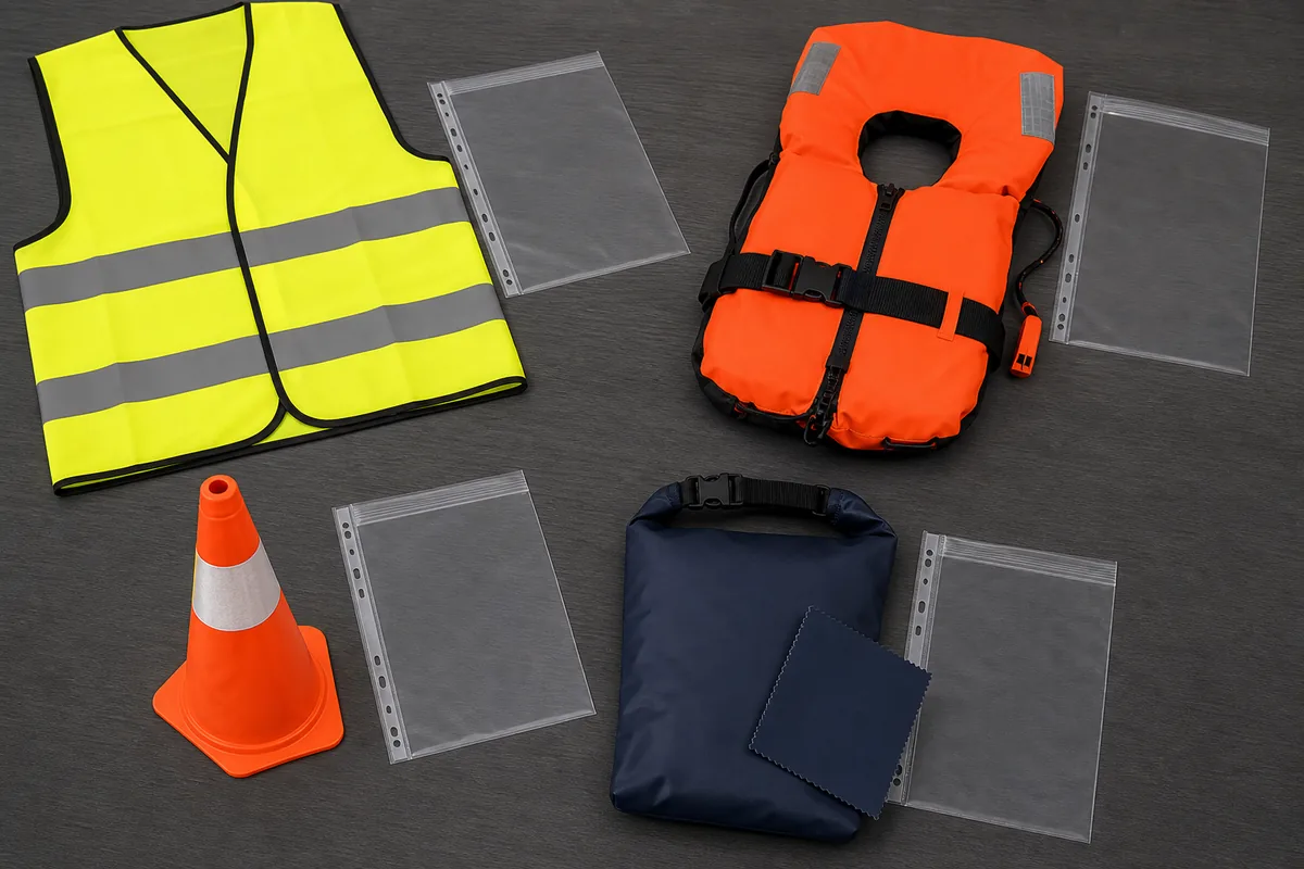 Visibility, flotation-style, traffic and dry-bag samples paired with separate empty evidence sleeves