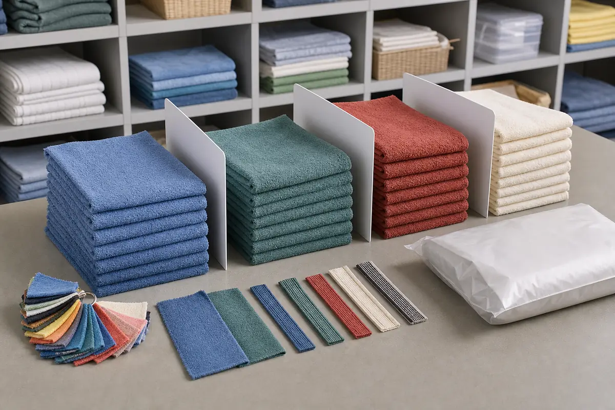 Separated stacks of plain cleaning textiles with blank dividers, swatches, edge references and packing sleeve