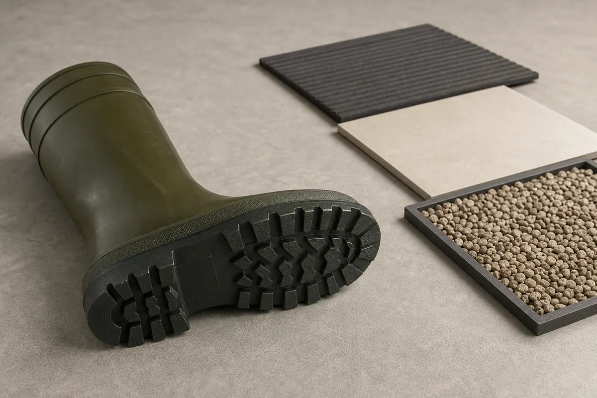 Unbranded molded rain-boot outsole positioned beside ribbed, smooth and compact-gravel surface references