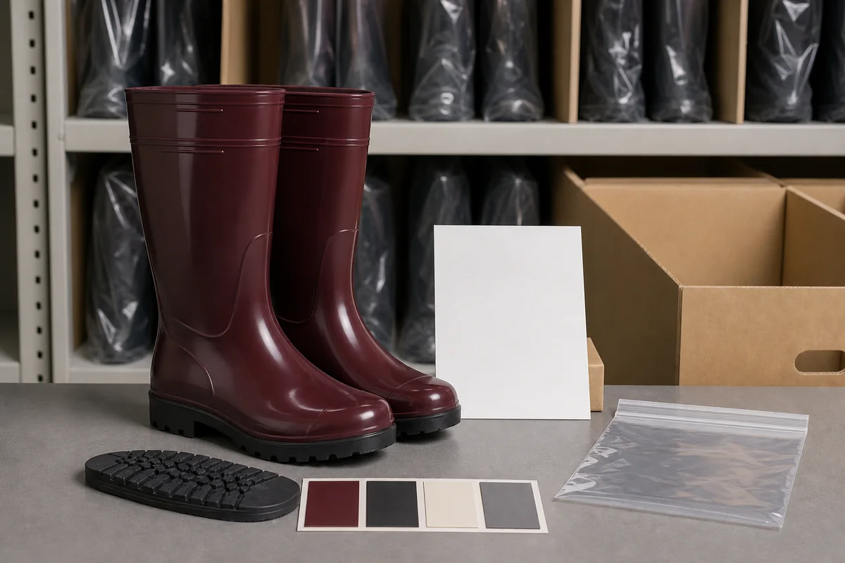 Unbranded rain-boot pair retained with blank measurement card, outsole chip, swatch and clear sample bag