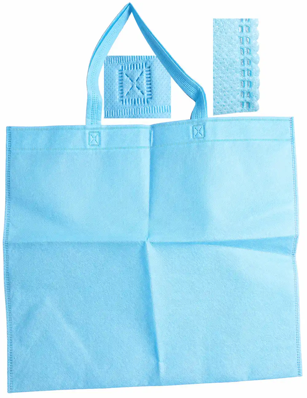 Complete light-blue nonwoven shopping bag with handle reinforcement and bound-seam detail views