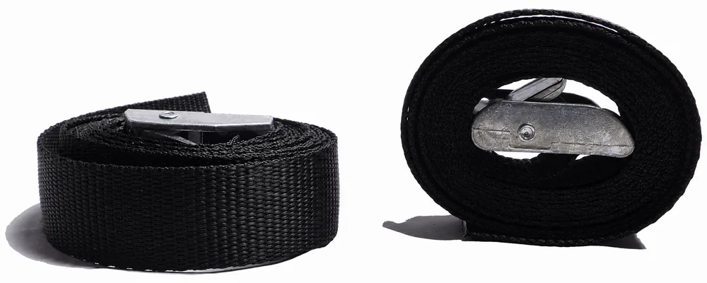 Two black cam buckle strap rolls show buckle placement, coiling orientation and loose-end condition side by side.