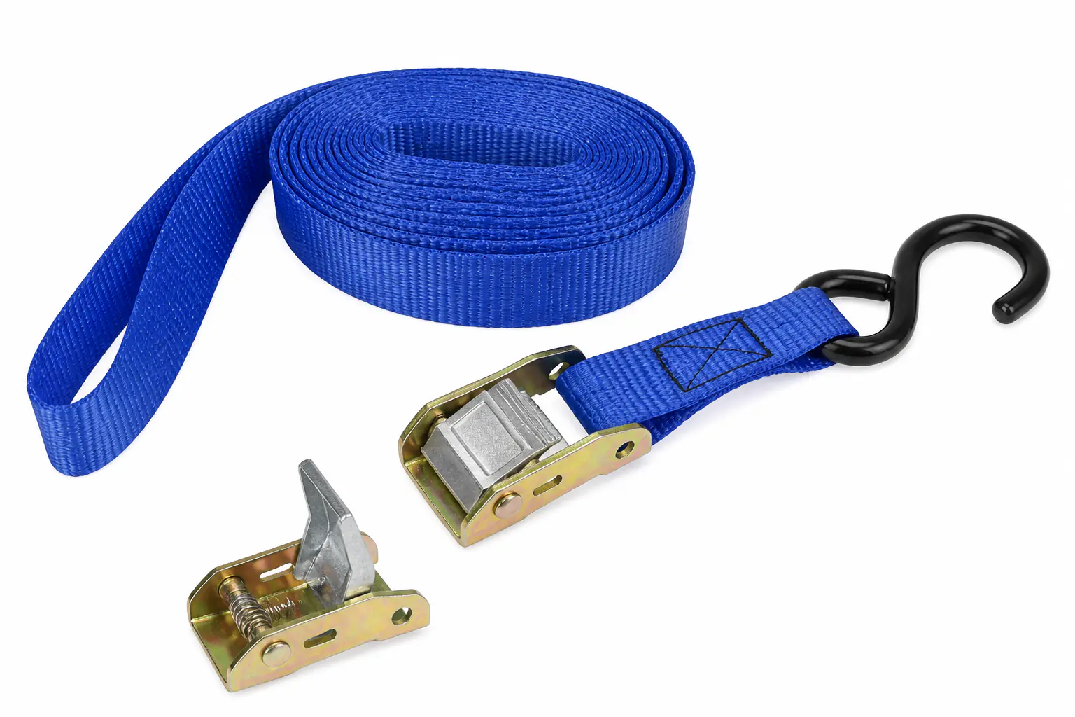 Complete blue cam buckle hook assembly with webbing roll and an open buckle mechanism arranged for routing review