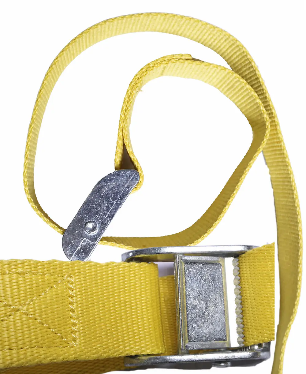 Complete yellow cam buckle loop assembly with the webbing route, sewn return and locking hardware fully visible