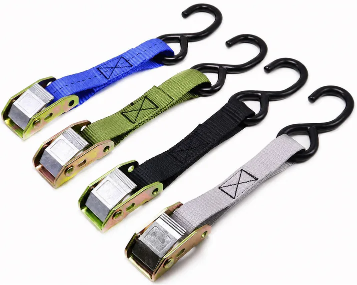 Four complete colored cam buckle hook assemblies show buckle, stitched hook loop and coated hook options.