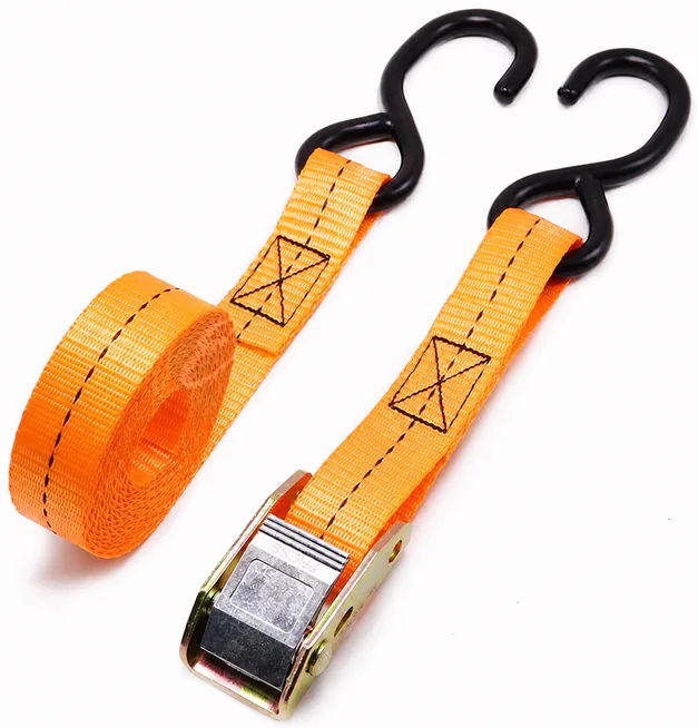 Complete orange cam buckle hook assembly with rolled webbing, stitched hook connection and metal buckle visible.