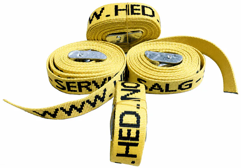 Four yellow cam buckle strap rolls show buckle placement, woven identification and loose-end presentation.