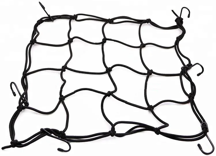 Black cargo-net assembly shown end-to-end with lattice cords, border routing, junction knots and six separate hooks