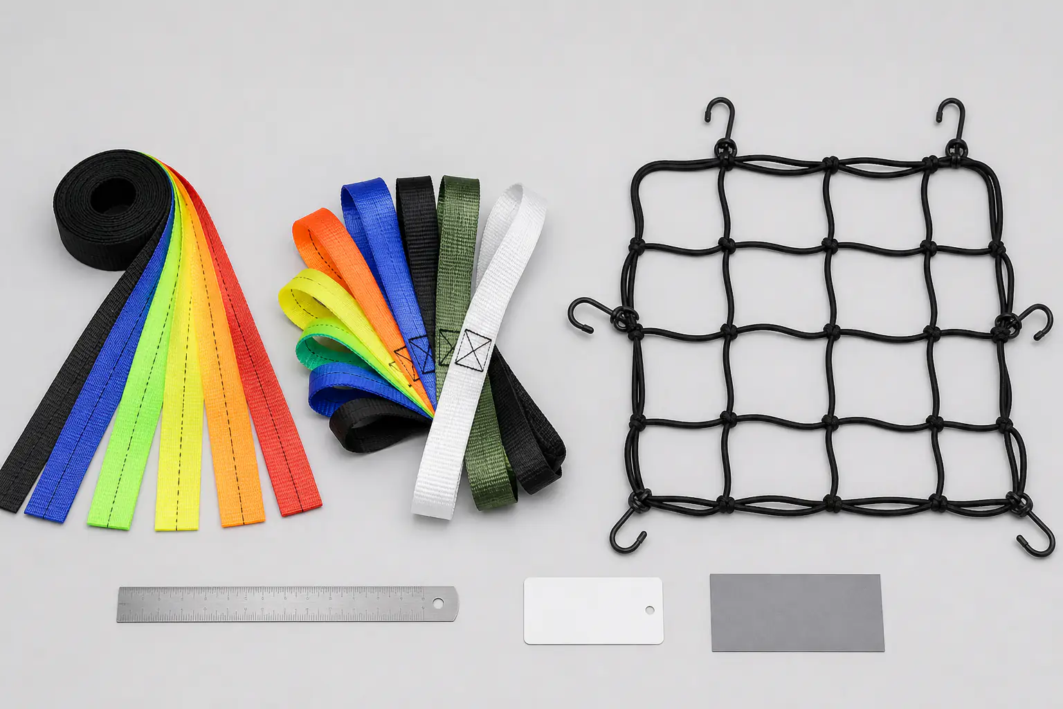 Buyer comparison layout with polyester webbing, sewn loops and one complete black cargo net carrying exactly six visible hooks