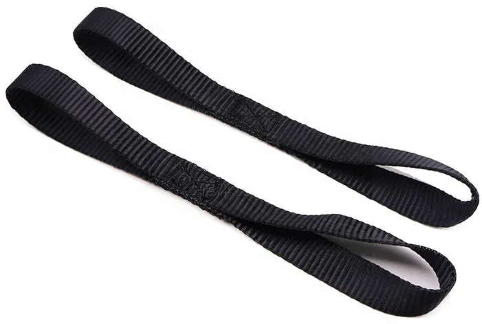 Two black polyester soft loops shown end-to-end with woven faces and stitched return sections