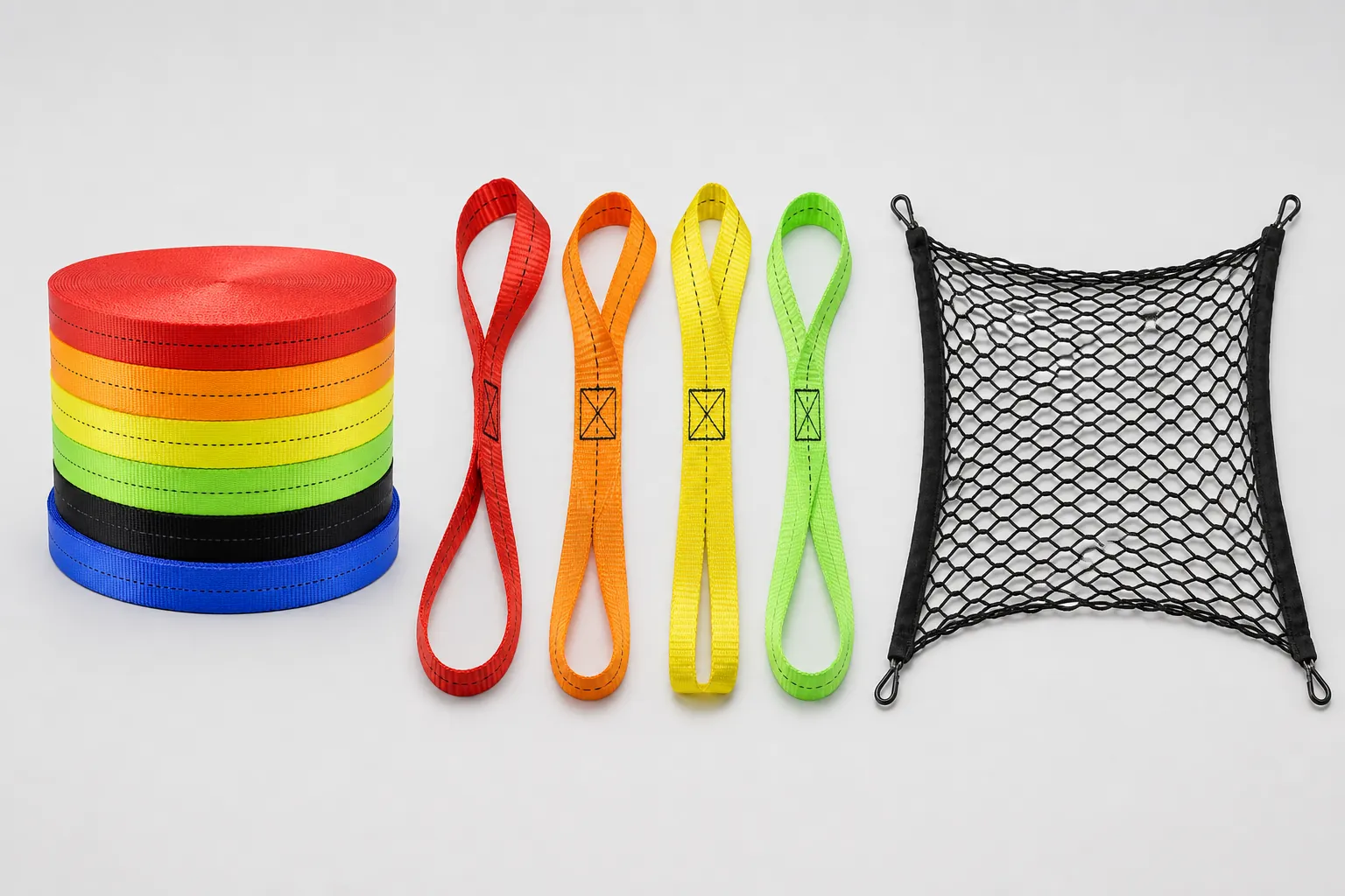 Complete multicolor polyester webbing rolls, four sewn soft loops and a black cargo net presented as three separate product families