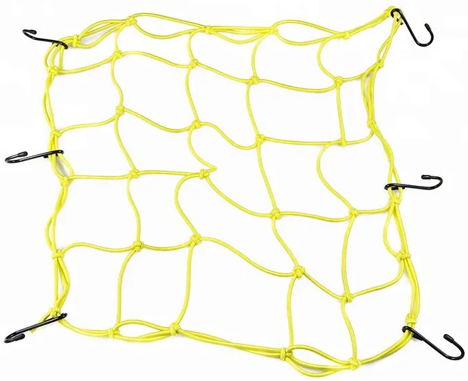 Yellow elastic net displayed in full with mesh openings, outer cord, joining knots and six black hook interfaces