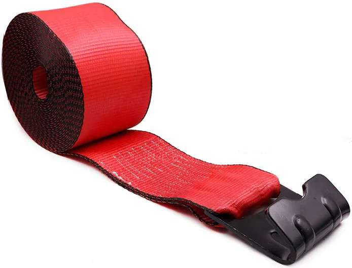 Complete red-and-black woven winch strap with free tail, sewn end and flat hook