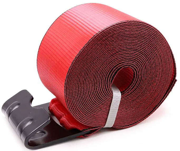 Red-and-black winch strap roll viewed from the coil face with retaining band and flat hook