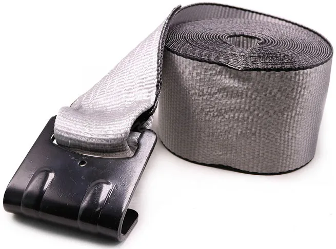 Complete gray-and-black woven winch strap roll with reinforced flat hook
