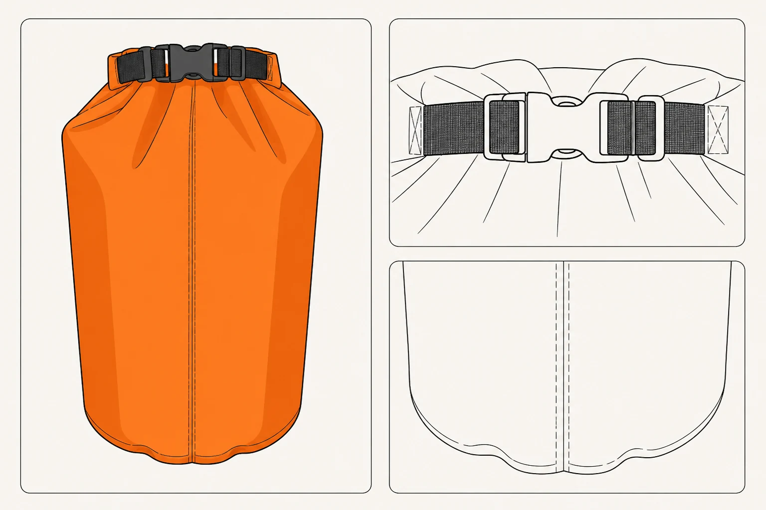Illustrated complete dry bag with buckle route and center-seam lower-edge inspection panels