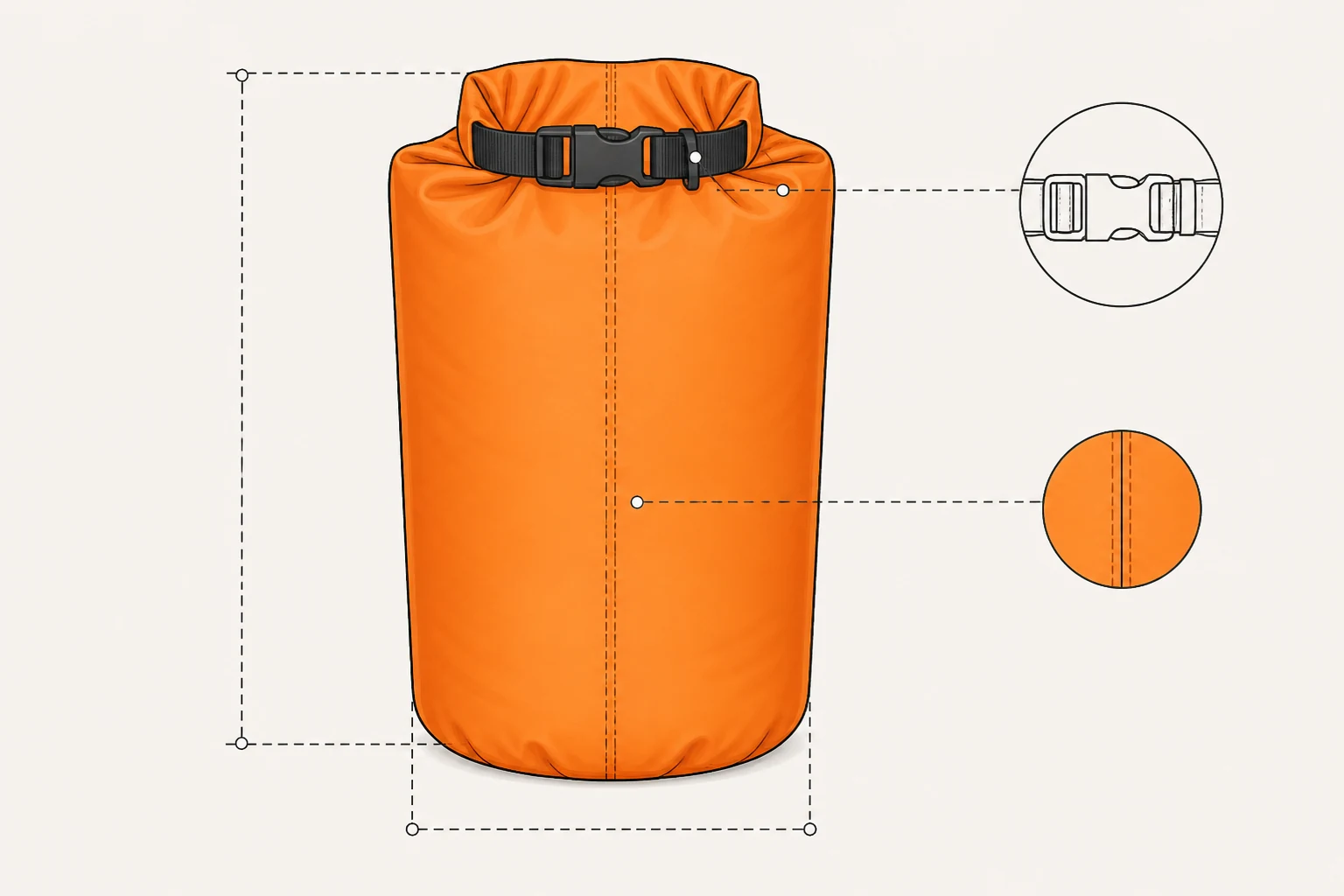 Illustrated complete orange dry bag with measurement lanes for height, width, buckle route and center seam