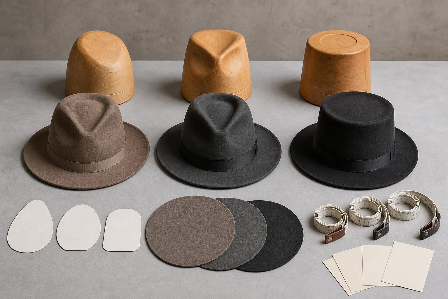 Three complete fashion-hat crown routes remain visible beside their governing blocks, landmark templates and material swatches.