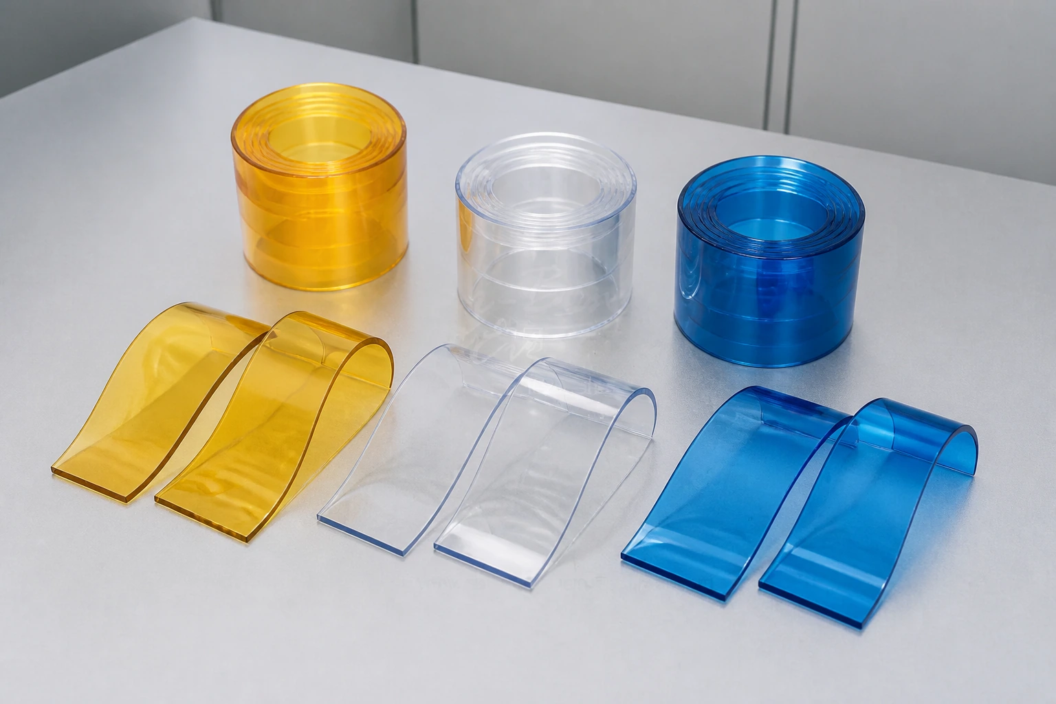 Complete amber clear and blue PVC strip rolls and curved samples on a review table