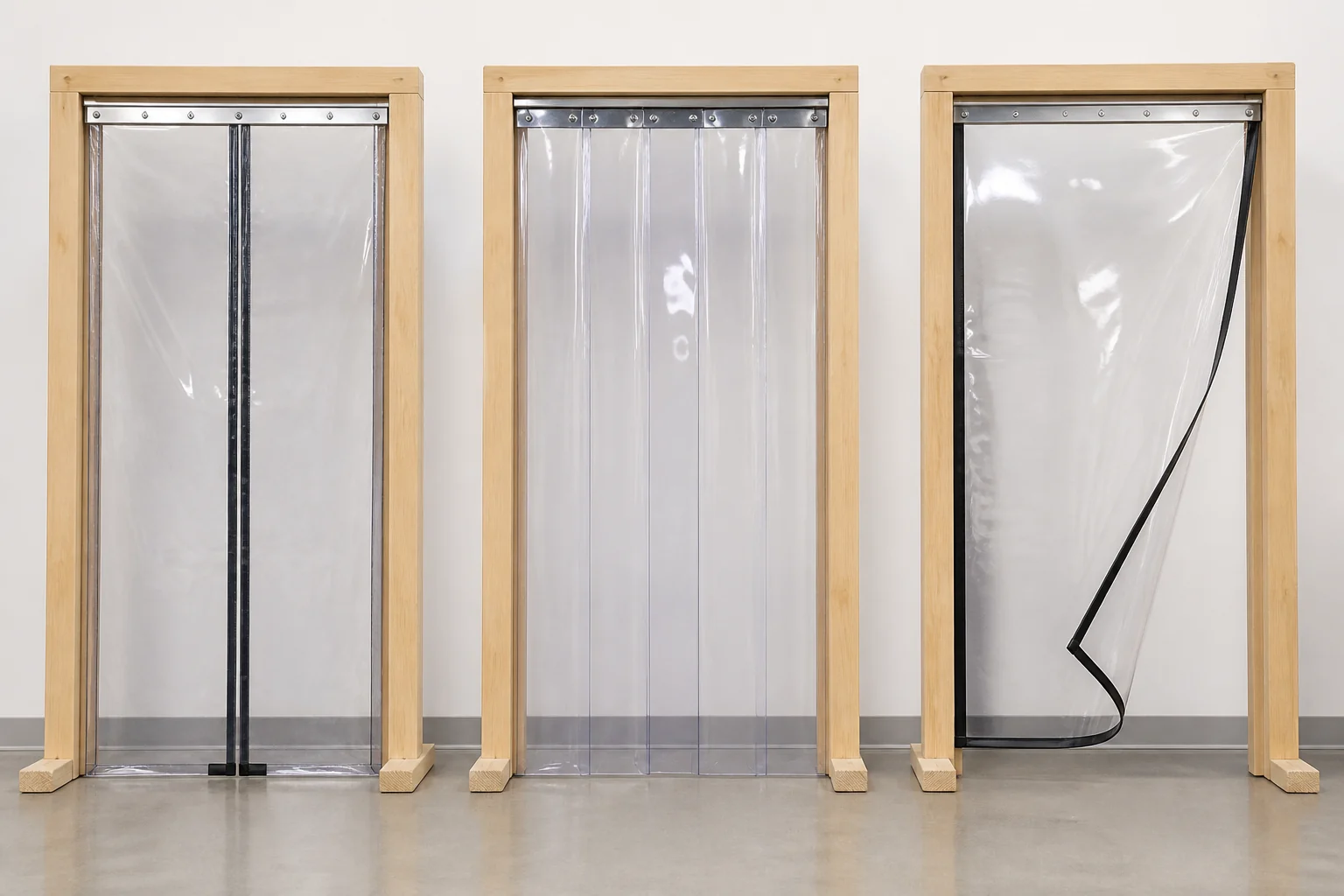 Three complete doorway architectures compare panel arrangement, closure path and opening coverage.