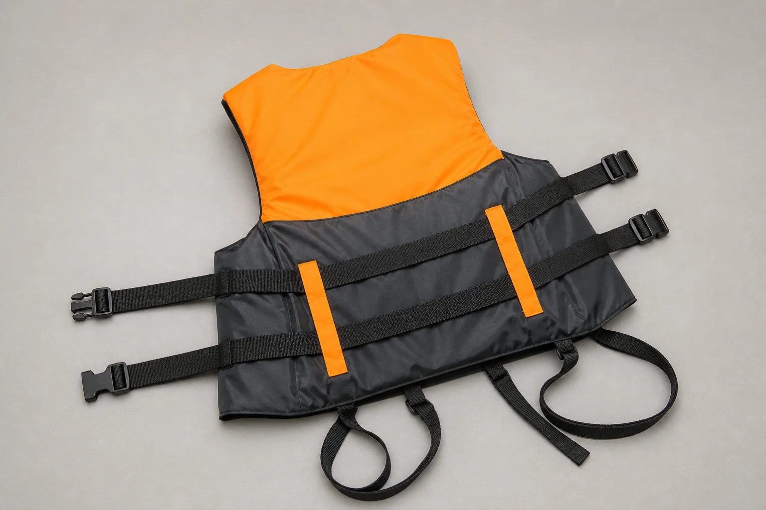 Complete life vest rear with adjustment straps laid out for inspection