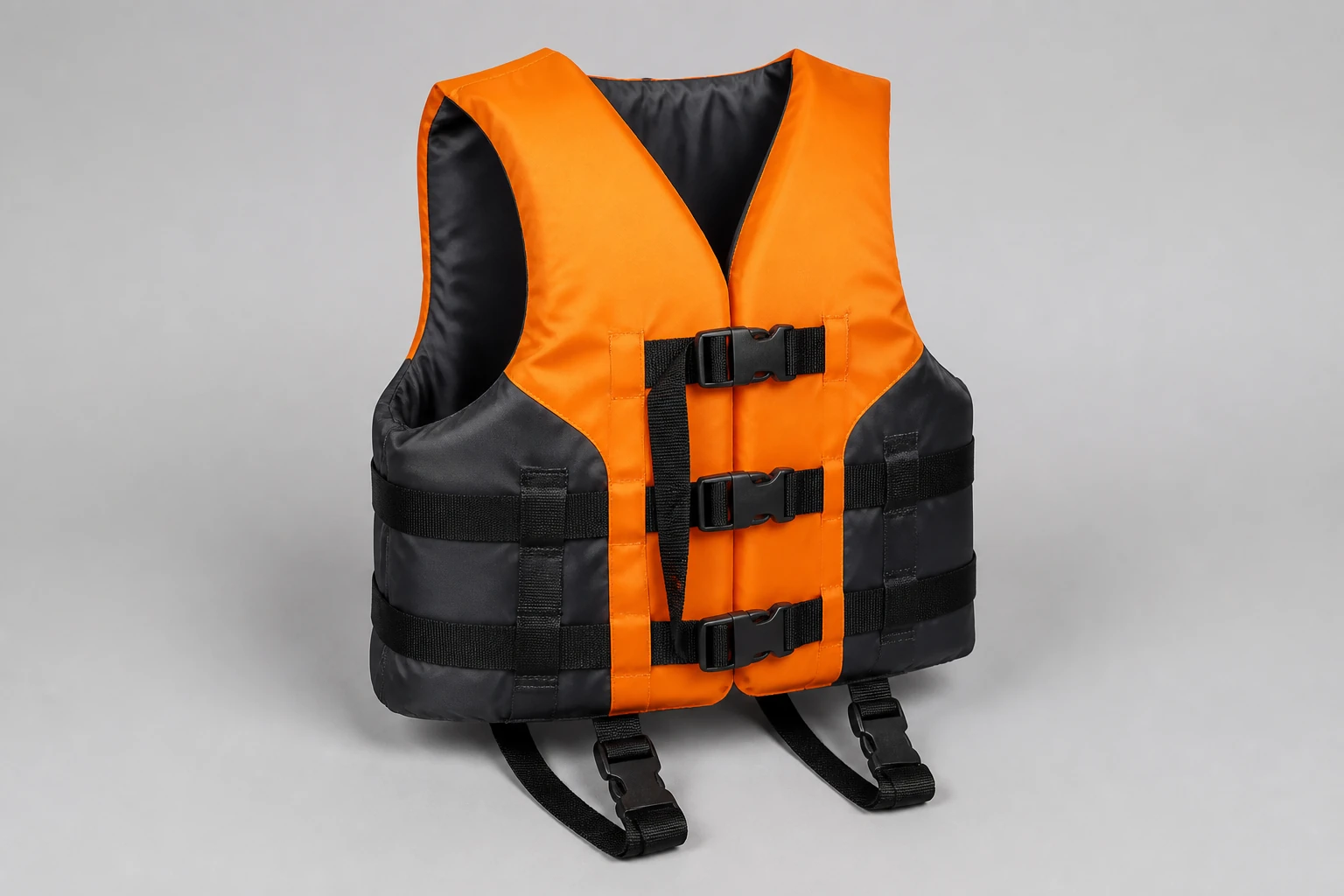 Complete orange and charcoal life vest with fastened buckles and visible strap tails