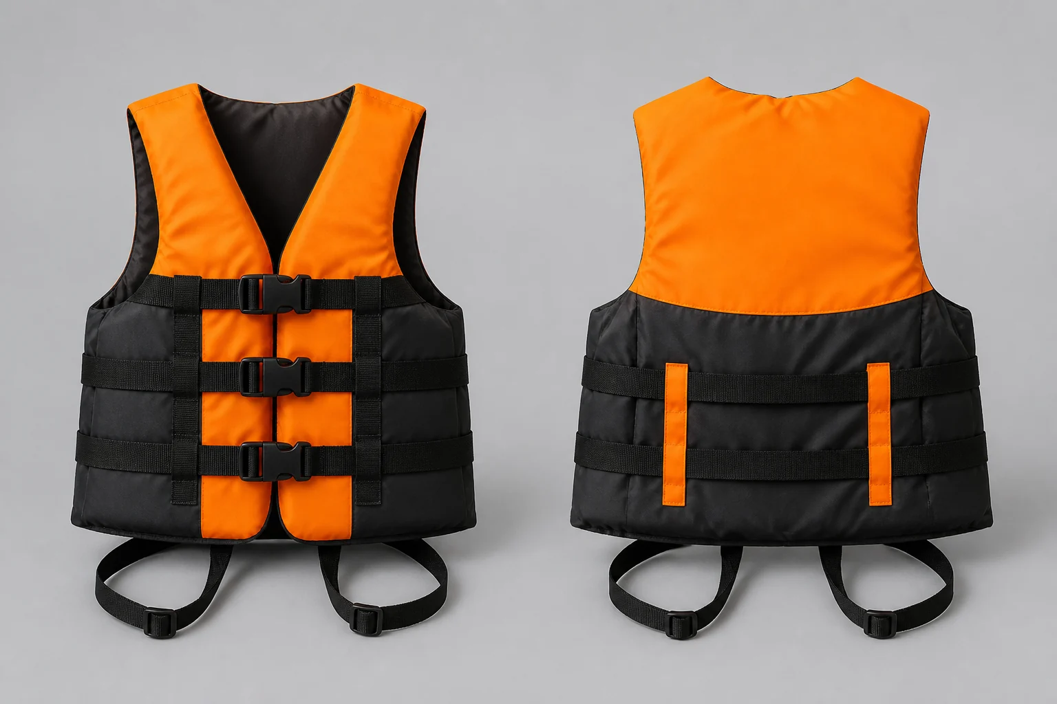 Complete front and rear life vest views for construction and adjustment comparison