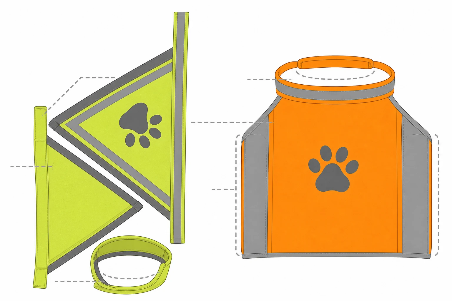 Illustrated fit-review layout with complete triangular and rectangular pet visibility vest routes