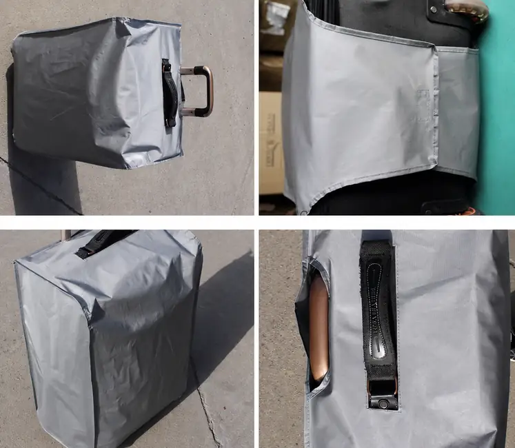 Four-view record of a complete grey luggage cover showing fitted body, side opening, zipper and handle-access structure