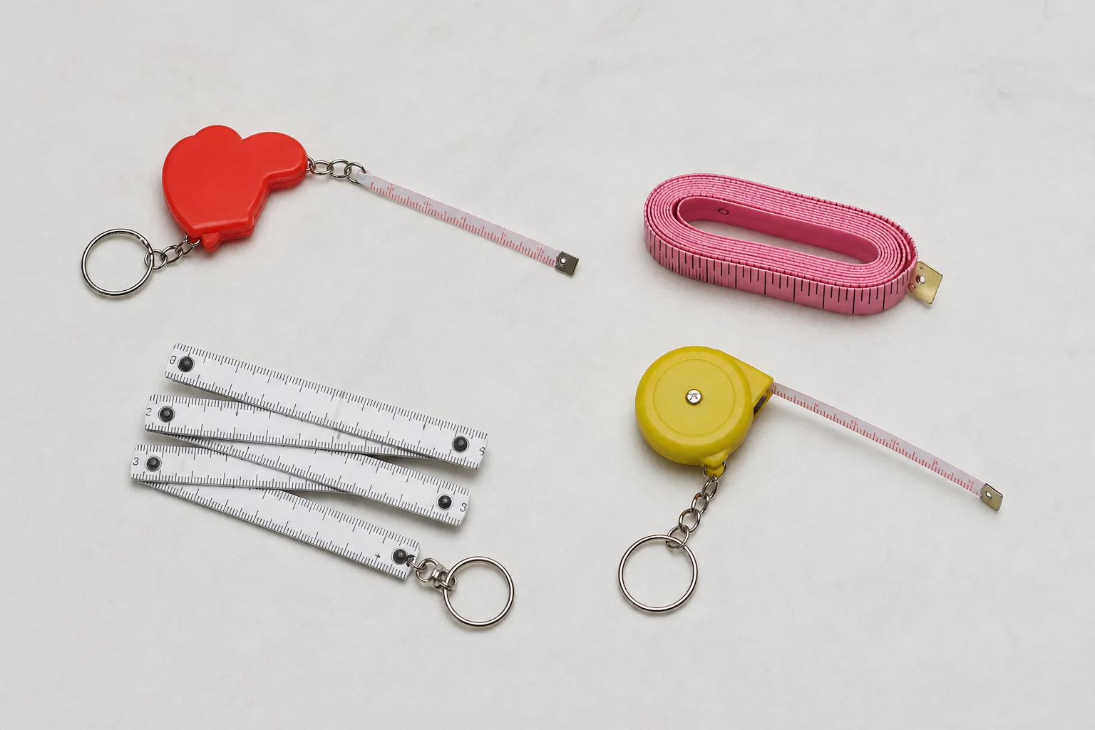 Complete unbranded keychain, flexible, folding and pocket measuring tools arranged for range, blade and housing review