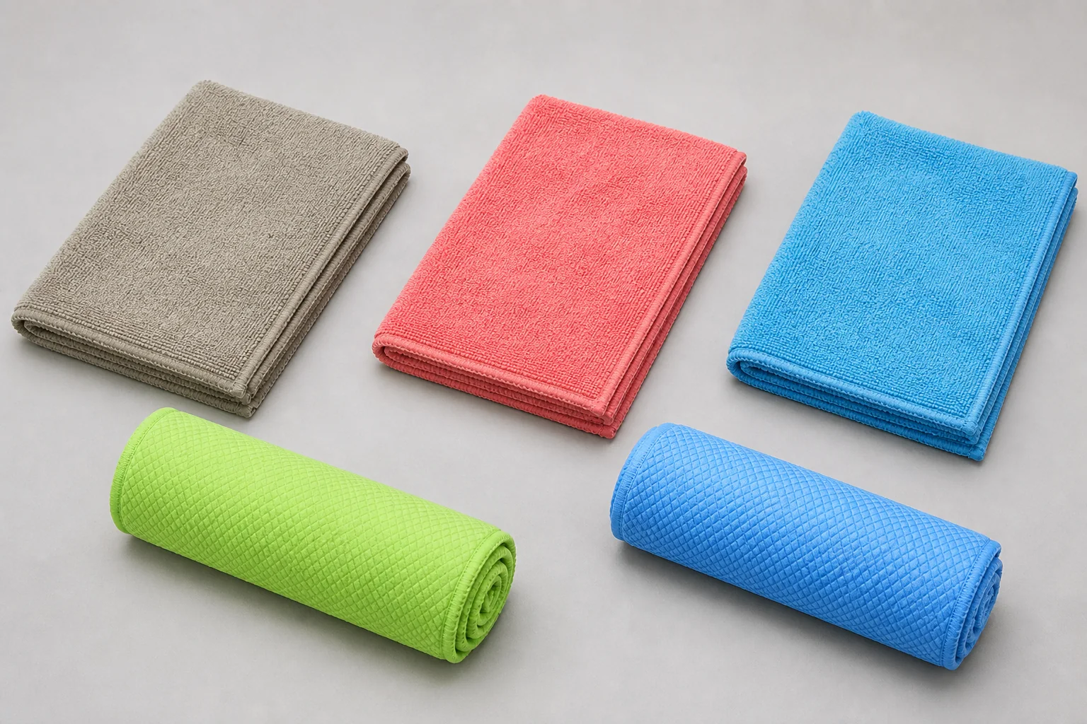 Five complete microfiber towel formats arranged for blend, weave and construction comparison