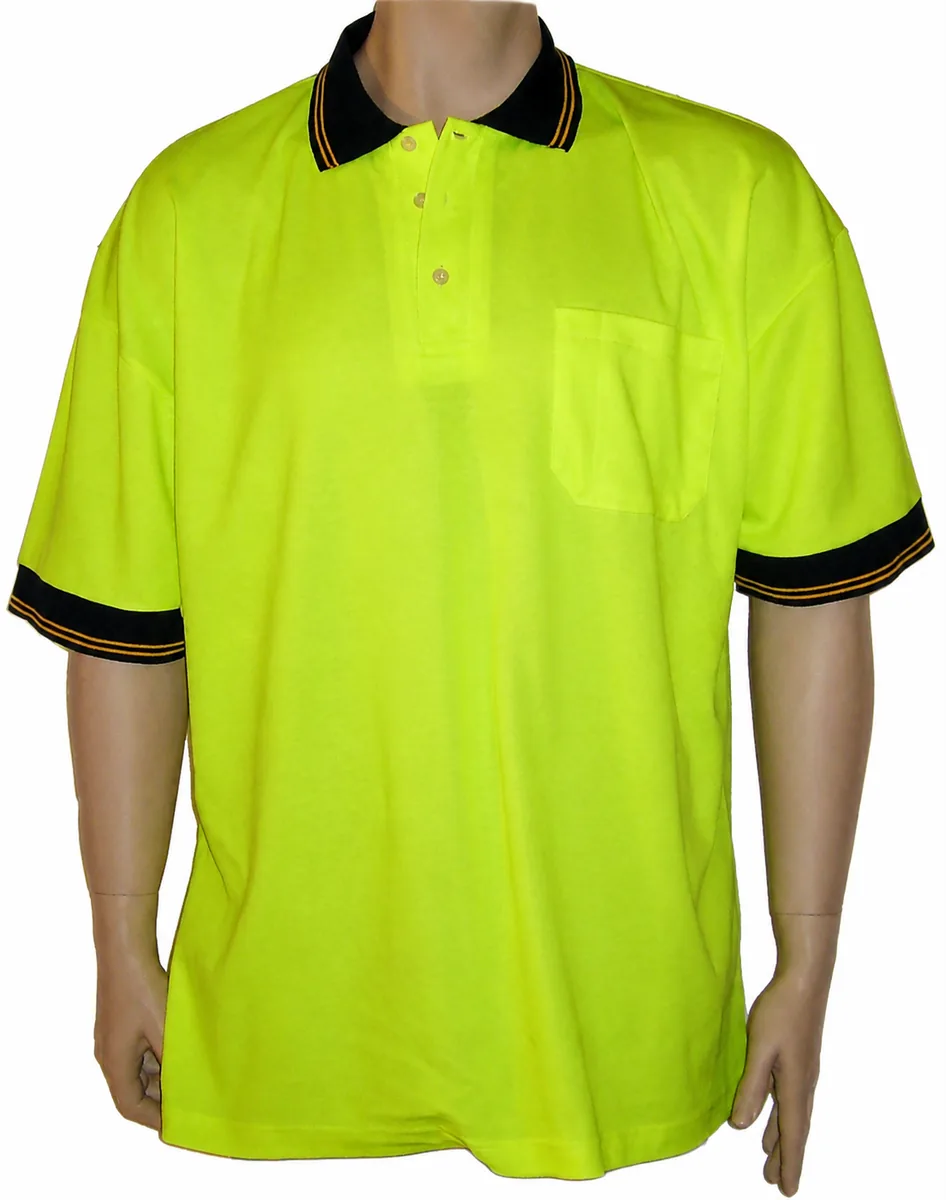 Complete fluorescent green short-sleeve polo with collar, placket, pocket, sleeve trim and hem visible for garment specification review