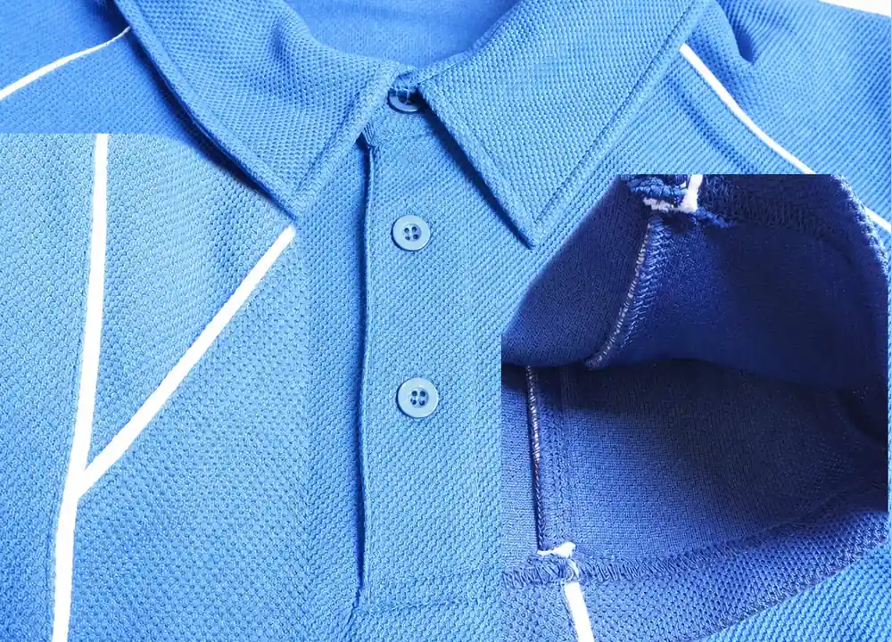 Blue polo collar, placket, piping and inside seam construction shown together