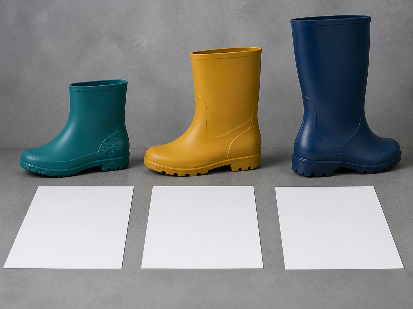 White, gray and charcoal boots in a sample-approval ladder