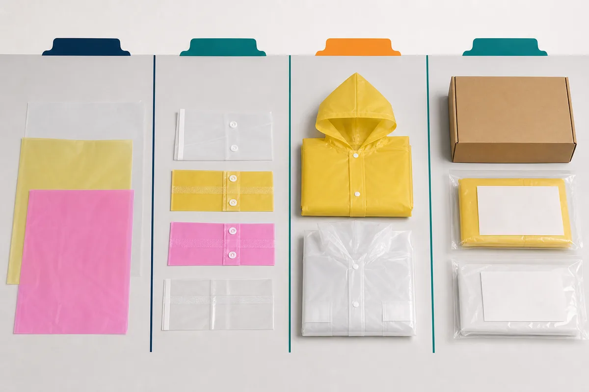 EVA or PEVA material specimen, construction coupons, garment sample and packed reference arranged in approval order