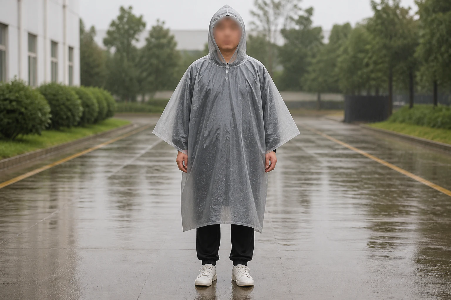 Adult fit model fully visible in a complete translucent nonwoven rain poncho during a controlled light-rain review